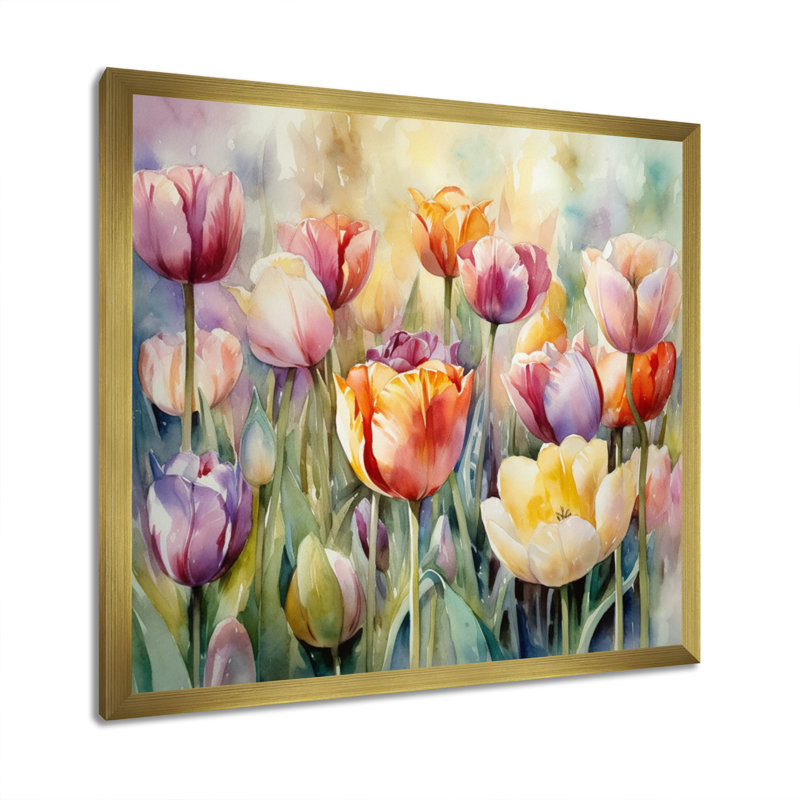 Jardin des tulipes - art mural tulipe, H 16 po x l 16 po x P 1 po, Encadrement doré