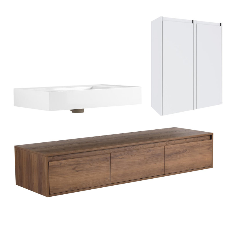 Wall-Mounted Bathroom Vanity with 30" Middle Resin Sink,3 Soft Close Drawer and 2 Side Cabinets