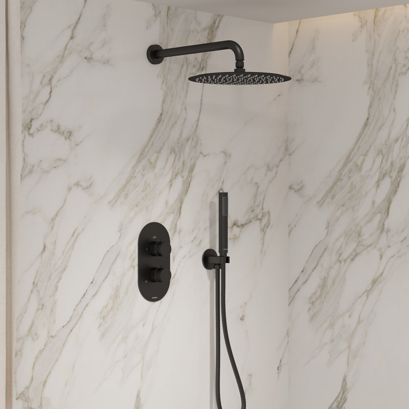 Système de douche noir mat Angelsey, pomme de douche à pluie de 12 po avec combiné de douche à main, ensemble de robinet de douche avec valve à pression équilibrée inclus, appareils de douche de salle de bain