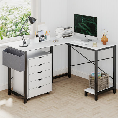 Ensemble de bureau: bureau en L et classeur mobile à 5 tiroirs