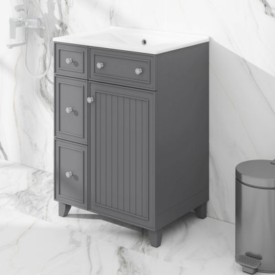 Armoire de meuble-lavabo 24 po avec lavabo en céramique, armoire de rangement avec 2 tiroirs 24 po