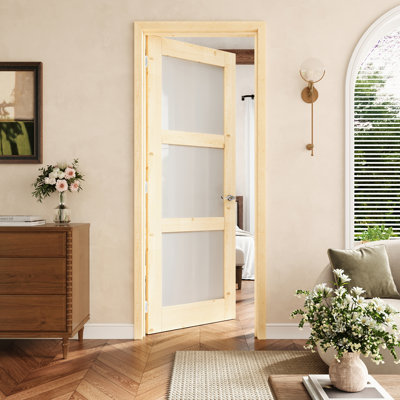 Porte pré-suspendue en bois de pin et verre givré 28 po x 80 po à 3 lumières avec charnières argentées, dalle de porte en verre avec cadre, porte intérieure comme porte de garde-manger, porte de chambre à coucher, porte de buanderie, portes de placard, portes de pièce, droite