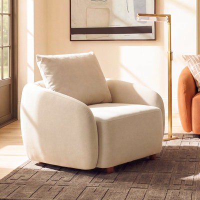 Fauteuil d'appoint Solora en velours capitonné, style nuage moderne, avec pieds en bois d'hévéa massif, pour salon