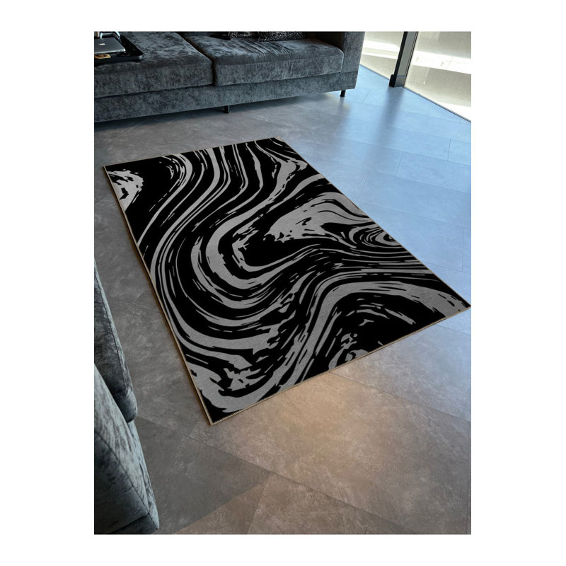 Tapis noir lavable à motif abstrait en spirale, Sous-tapis rectangulaire 2 pi 6 po x 6 pi 7 po inc