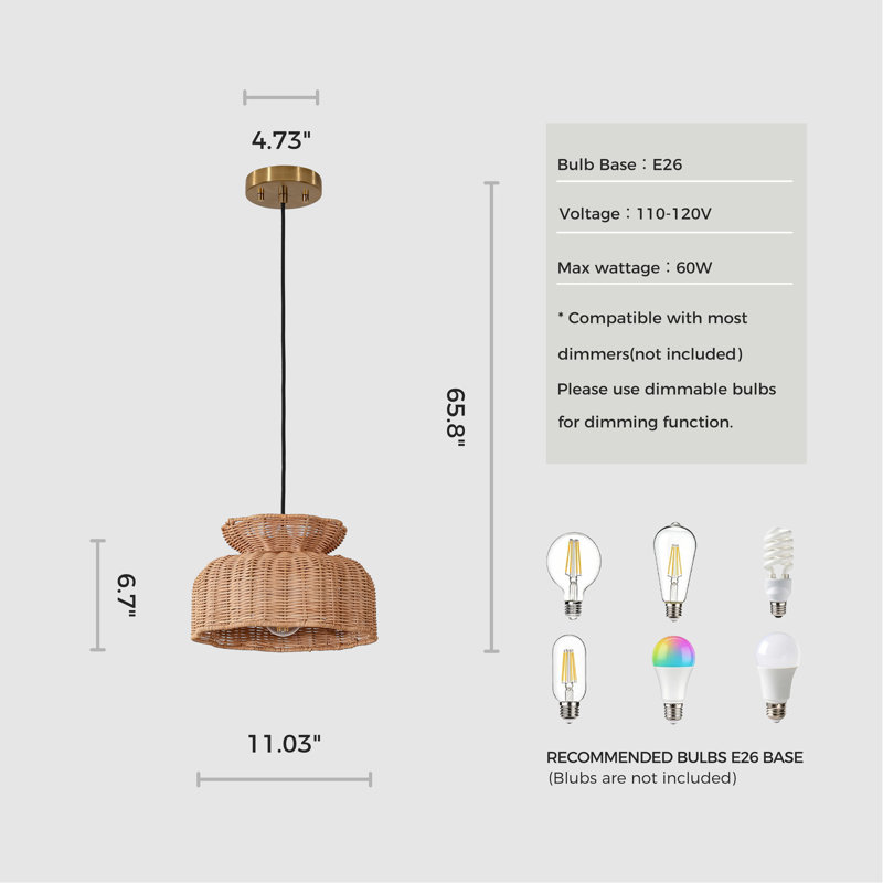 Luminaire suspendu 1 lumière Osier brun miel, Brun miel