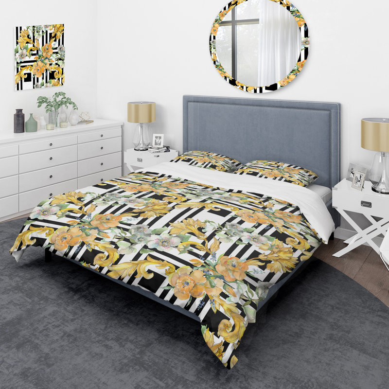 Yellow/Black/White Microfiber Duvet Cover Set, Queen Duvet Cover + 2 Standard Shams