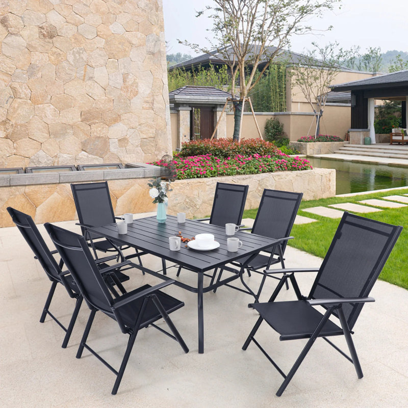 6 - Person Patio Dining Set Umbrella Hole Included Rectangular Table, Horizontal, Black