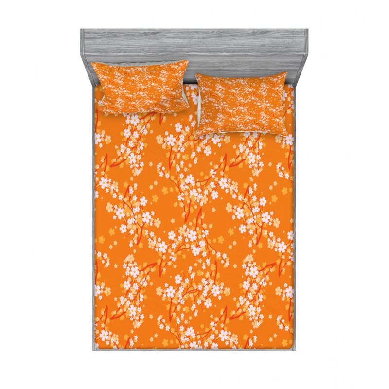 Microfiber Sheet Set, Full/Double Sheet Set with Fitted Sheet, Japanese Sakura Floral