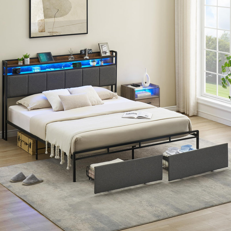 Lit plateforme tapissier avec rangement Chickering, Gris / brun, Double TG