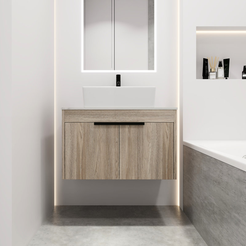 Meuble-lavabo mural avec lavabo en céramique - Design moderne 30 po en chêne blanc, porte, bassin de rangement en chêne spacieux, espace de fermeture discret