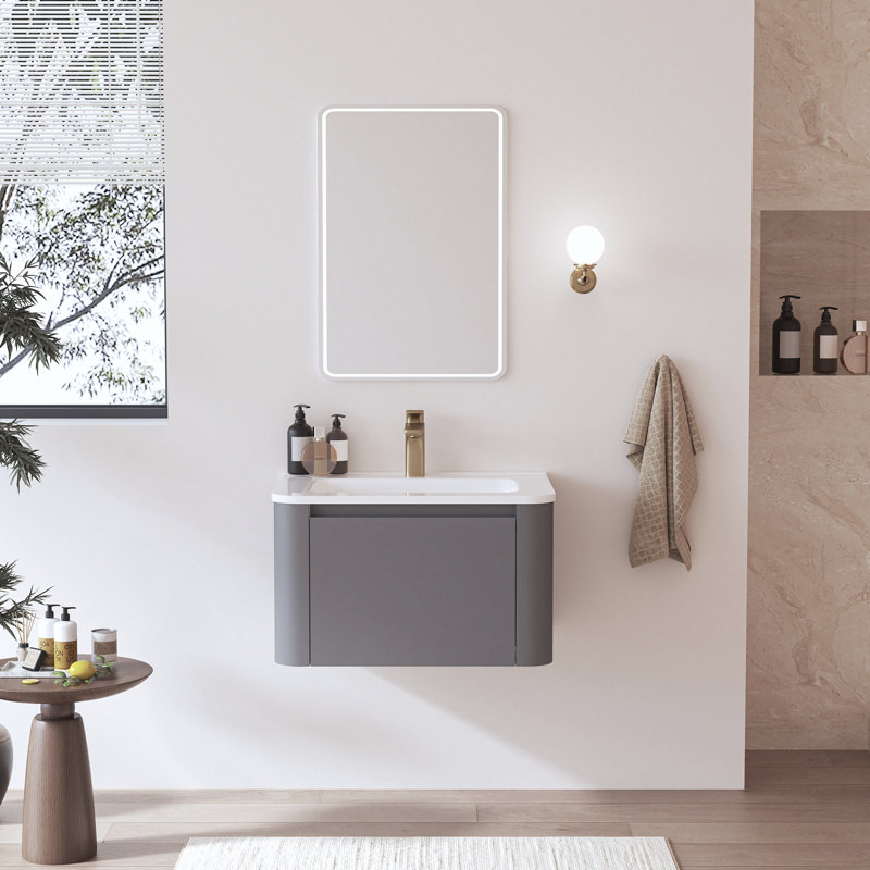Meuble-lavabo mural 24 po avec lavabo en céramique, tiroir à fermeture en douceur, armoire pré-assemblée, gris