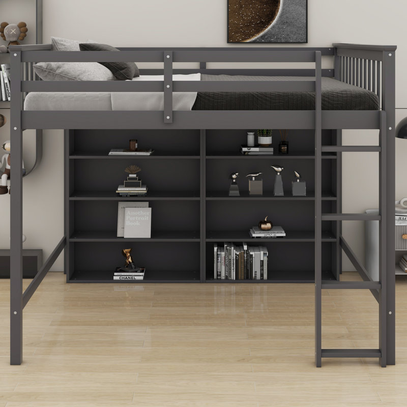 Lit mezzanine avec 8 tablettes de rangement ouvertes et échelle intégrée, Gris antique