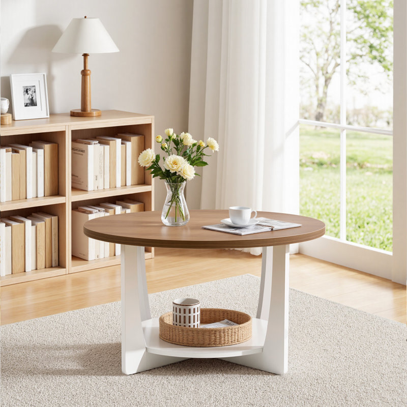 Table basse 31,5 po à pieds en bois massif avec rangement à 2 niveaux, Noyer/blanc