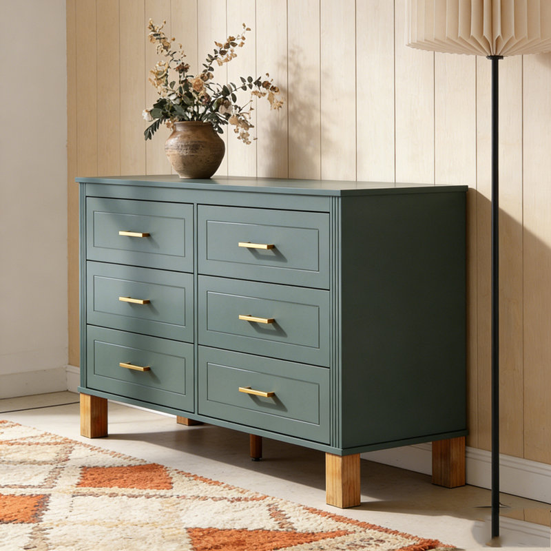 Modern Storage Cabinet with Metal Handles & Solid Wood Legs, Light Green