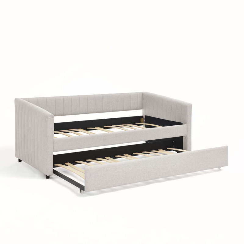 Twin Size Daybed with Trundle, Upholstered in Beige Linen Fabric, Stylish Vertical Stripes for Modern Living and Extra Sleeping Space