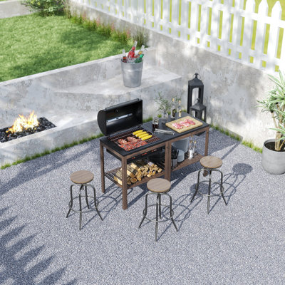Adjustable Swivel Bar Stools for Outdoor Use, Counter Height with Metal Frame and Wood Seat