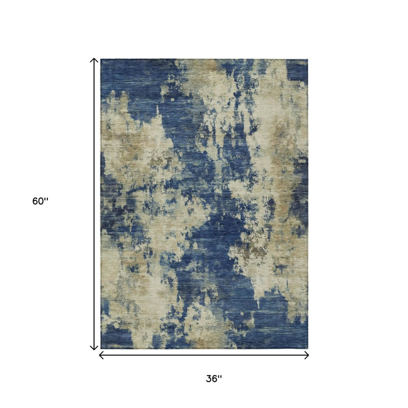 3' X 5' Navy Blue And Beige Abstract Washable Indoor Outdoor Area Rug
