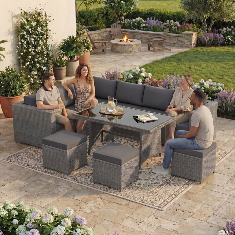 Prweitt Rattan 9 - Person Seating Group with Cushions, UKFR Certified, Grey