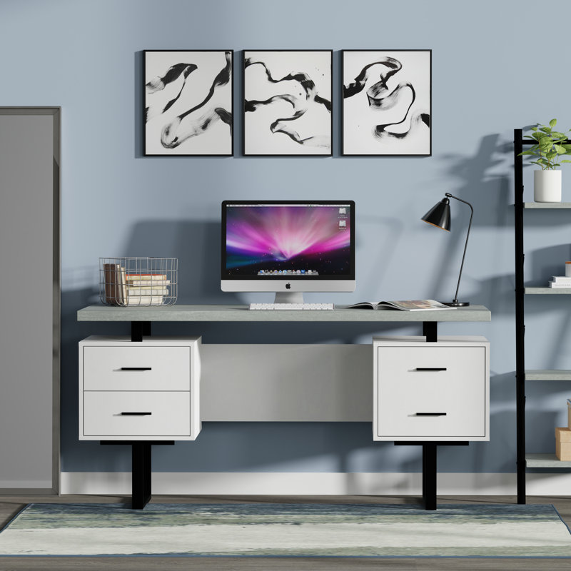 Auniya 60'' Desk, Grey Top, White Body, Black Metal/Hardware
