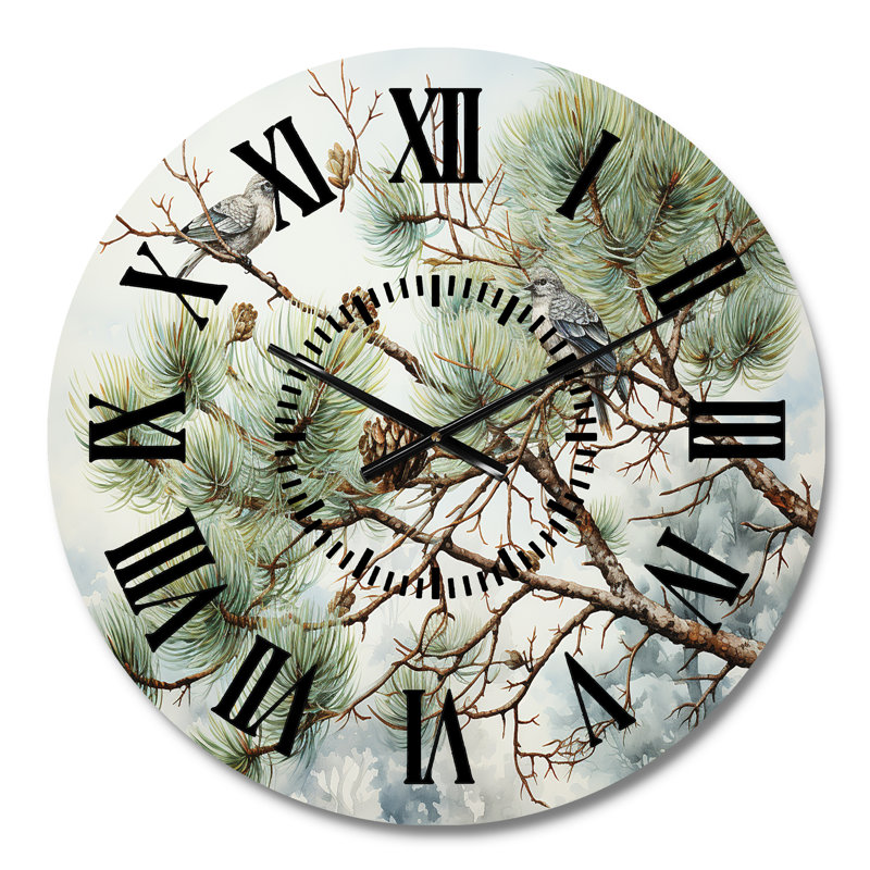 Horloge murale oiseau sur pin I, Médium
