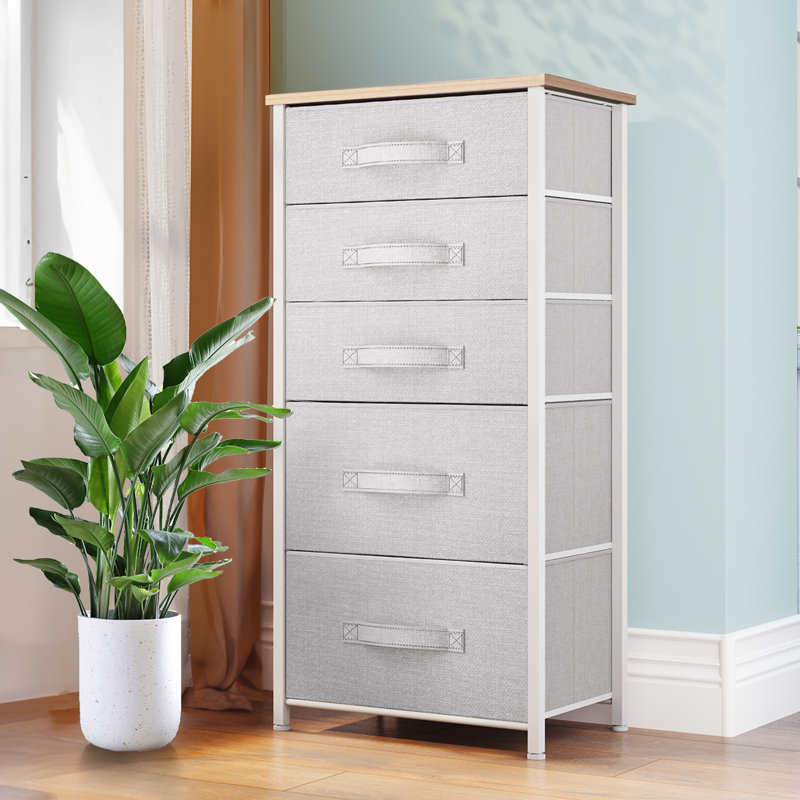 Klothildis 17.7"W 5 Drawer Vertical Dresser, Kid Dresser, Chest with Wood Grain, Gray/Natural
