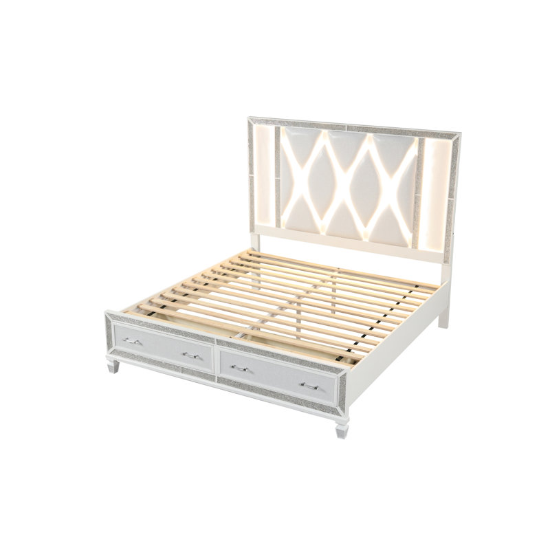 Grand lit de rangement luxueux en cristal blanc avec cadre en bois avec cadre et éclairage DEL de style moderne