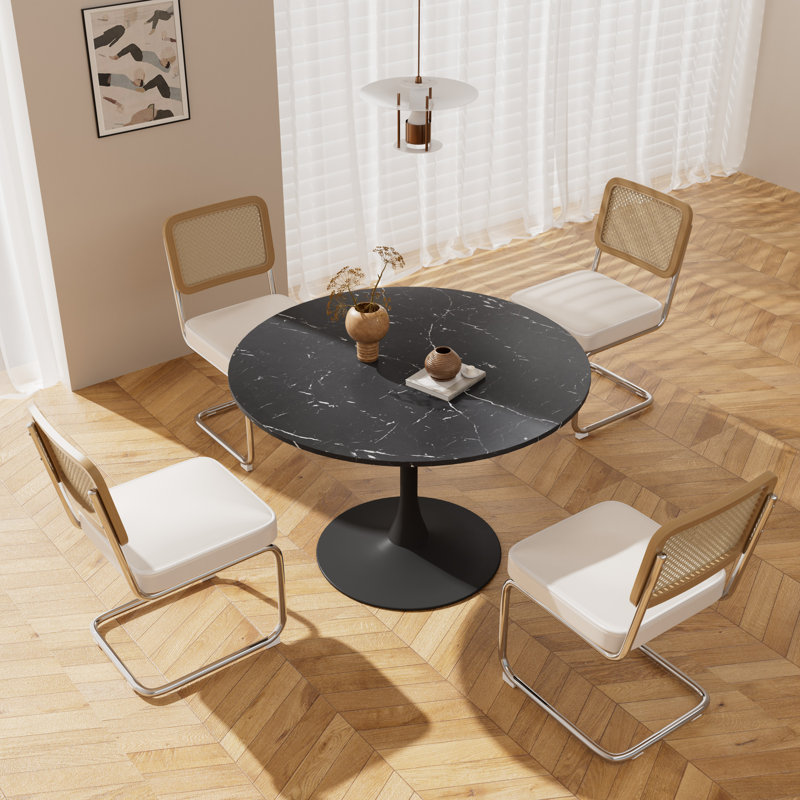 5 - Piece Pedestal Dining Table Set, Beige, 28.70"H x 31.50"L x 31.50"W, Black