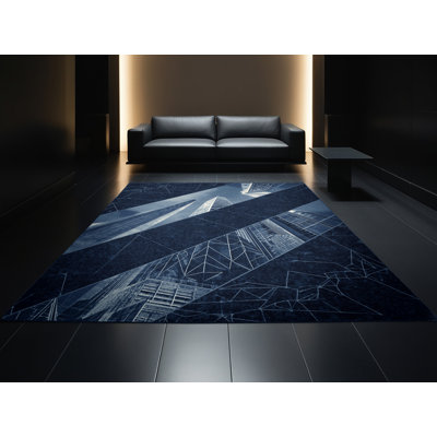 Tapis bleu moderne délavé à la machine Aidan Alien City