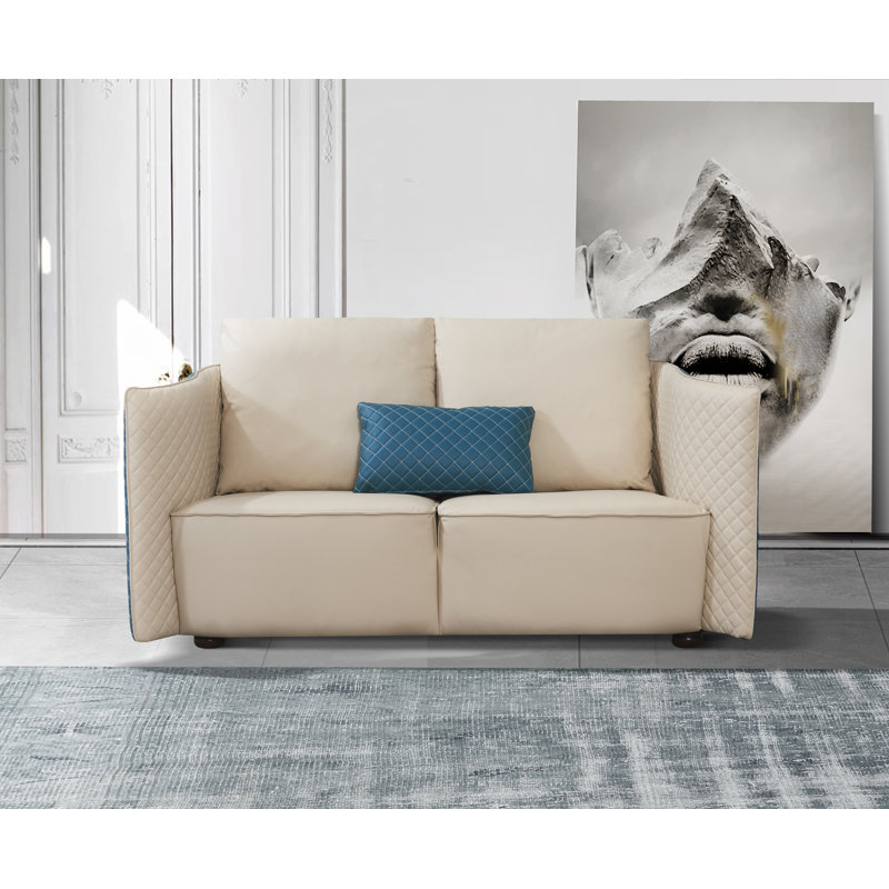 Makassar Loveseat, Off White/Blue Genuine Leather