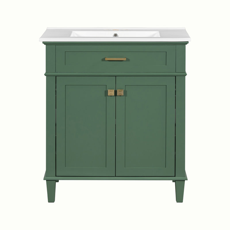 meuble-lavabo avec lavabo en céramique, porte à fermeture douce et tablettes réglables, Vert, Doré