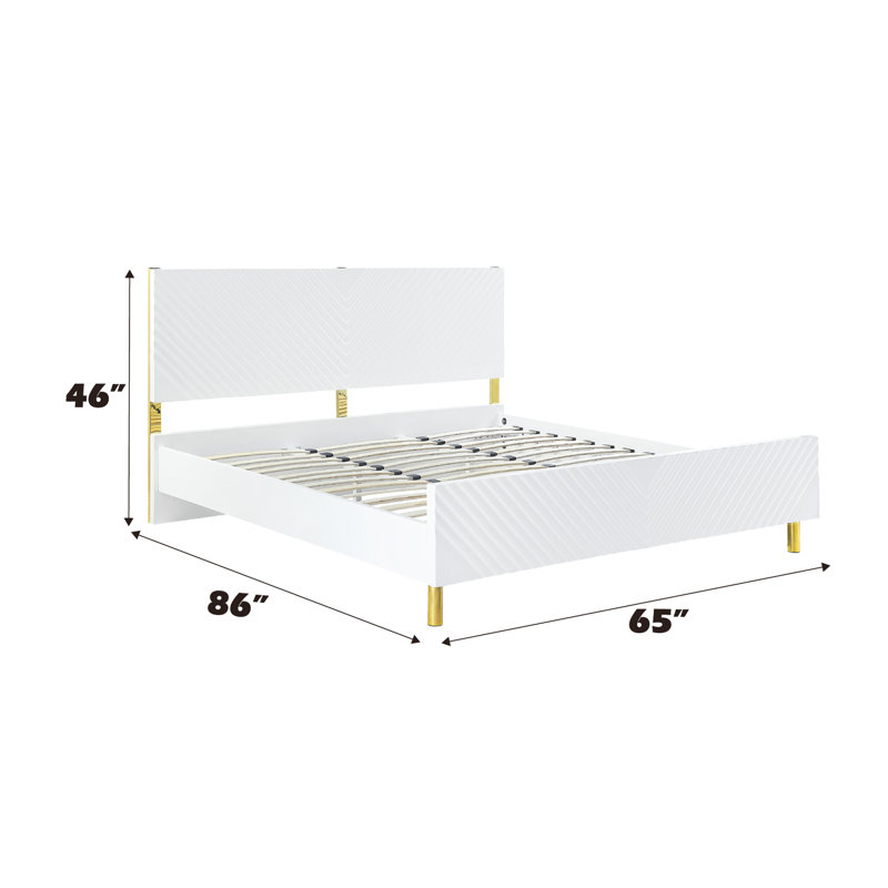 Grand lit, finition ultrabrillante, motif ondulé, pieds en métal, aucun sommier nécessaire, structure entièrement en kd, capacité de poids de 660 lb, limite