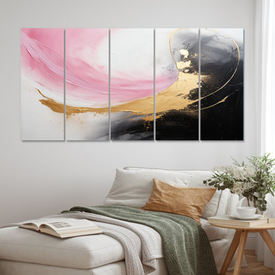 Abstrait vague dorée rose et noire III - reproduction sur toile abstraite - 5 panneaux égaux