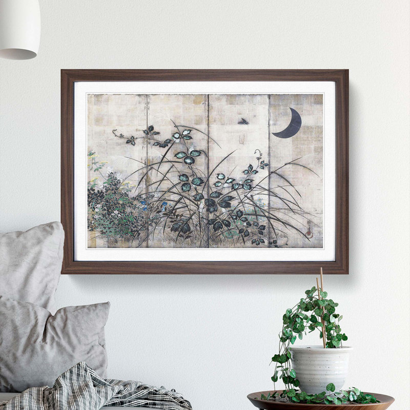 Moon & Autumn Grasses by Sakai Hoitsu - Picture Frame Painting Print, 36cm H x 48cm W x 2cm D, Walnut Framed