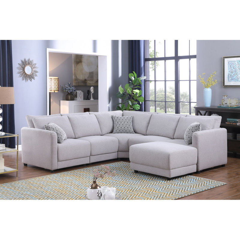 Modern Sofa Penelope 94.5" Linen Fabric Reversible L-Shape Sectional Sofa With Ottoman And Pillows
