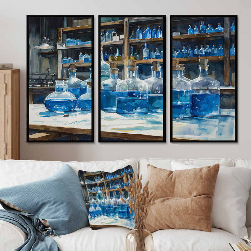 Laboratoire chimique, ensemble d'art mural, H 28 po x l 36 po x P 1 po, Toile avec cadre flottant noir