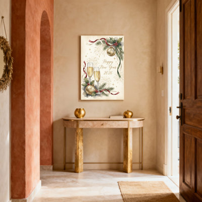 Décoration murale sur toile tendue représentant des flûtes à champagne, ornée de décorations de Noël et de feuilles de houx pour célébrer le Nouvel An 2026
