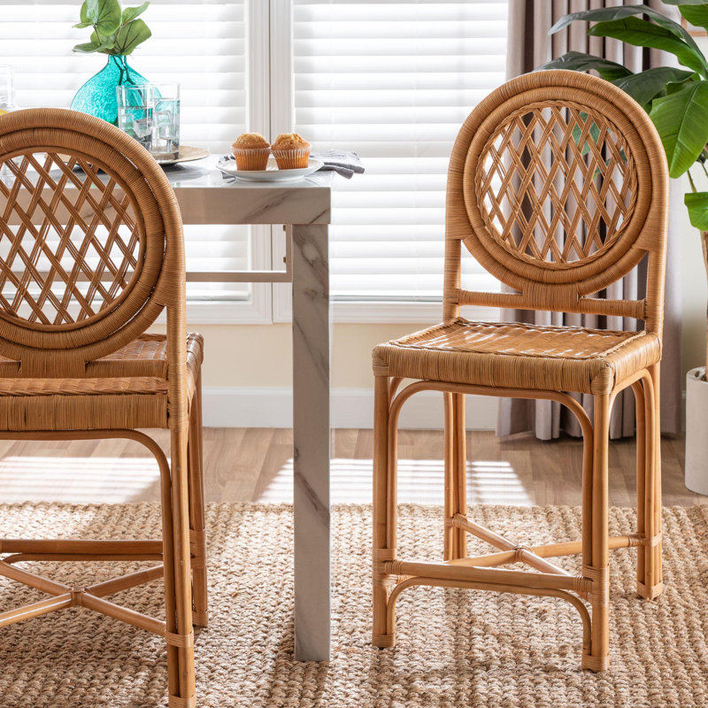 Bali & Pari Oxford Round Back Rattan Counter Stool - Handwoven Cane Counter Height Chair With Open Lattice Design, Natural Wicker Coastal Kitchen Island Seating