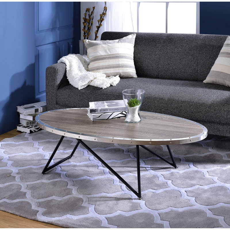 Table basse noire et chêne avec base en métal, poids de 20 lb, profondeur grise ovale de 23 po de profondeur, capacité de poids de 70 lb, profondeur