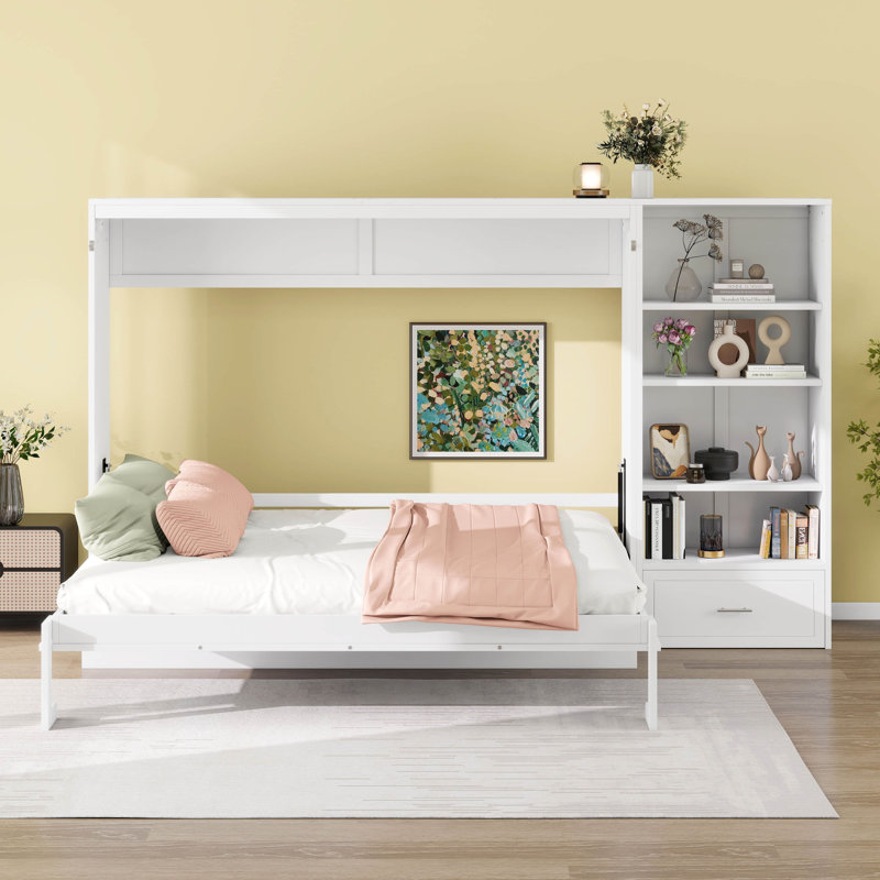 Grand lit escamotable avec rangement réglable, cadre de lit mural avec 4 compartiments, 1 grand tiroir, lit plateforme pliable