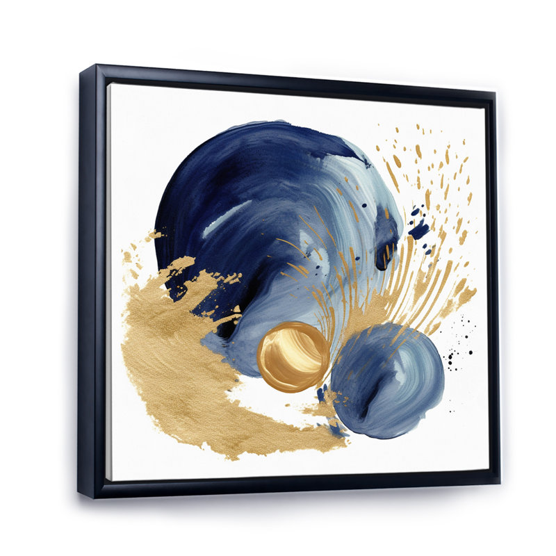«Dark Blue & Gold Abstract Circle I», reproduction sur toile, H 30 po x l 30 po, Cadre flottant noir