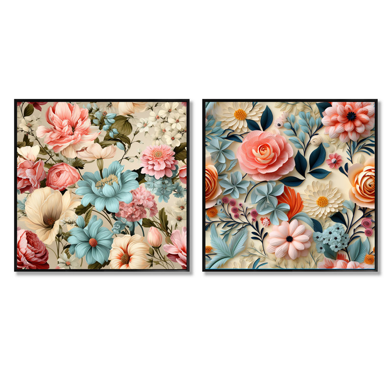 Pastel Shades Garden Delight - Ensemble de 2 collages floraux carrés, Cadre flottant noir, H 16 po x l 33 po