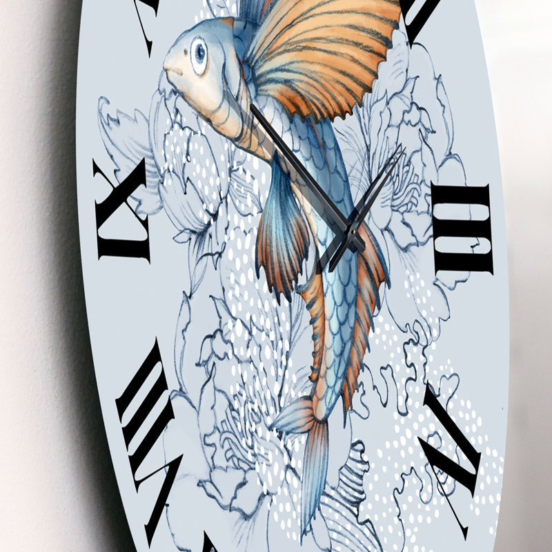 Poisson volant sur pivoines - horloge murale traditionnelle, Moyen
