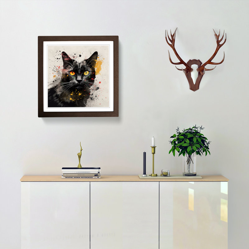 Cat Splatter Art No.1 - Single Picture Frame Print on Wood, Walnut
