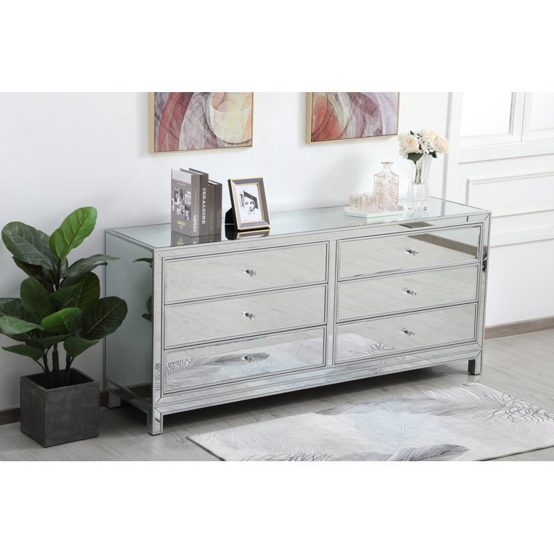 Commode double 6 tiroirs Rotella Mirrored, Argent
