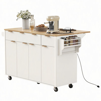 Fluted Kitchen Island With Storage (Not Include Stools)