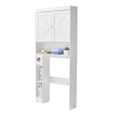 Over The Toilet Storage Cabinet, 67.44 in Height Bathroom Storage Organizer with Double Door and Adjustable Shelf, Bathroom Space Saver Organizer Above Toilet with Open Shelf, White