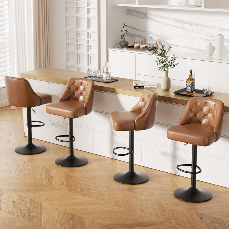 360-Degree Rotatable Faux Leather Bar Stool With Button Stitching, Light Brown, 4