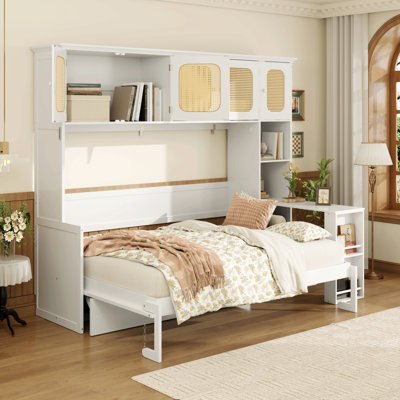 Lit escamotable double avec bureau et armoires en rotin, lit mural peu encombrant pour le bureau à domicile