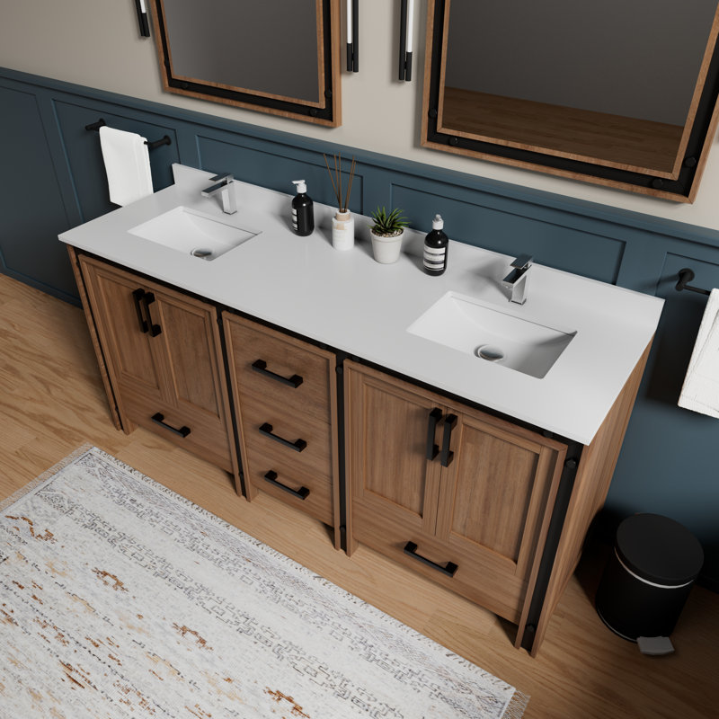Meuble-lavabo double l 72 po x P 22 po Ziva, Bois de grange rustique, Quartz blanc