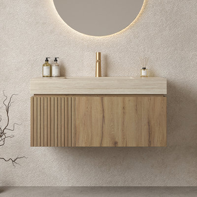 Meuble-lavabo mural avec lavabo, armoire de rangement avec tiroir et cadre en bois